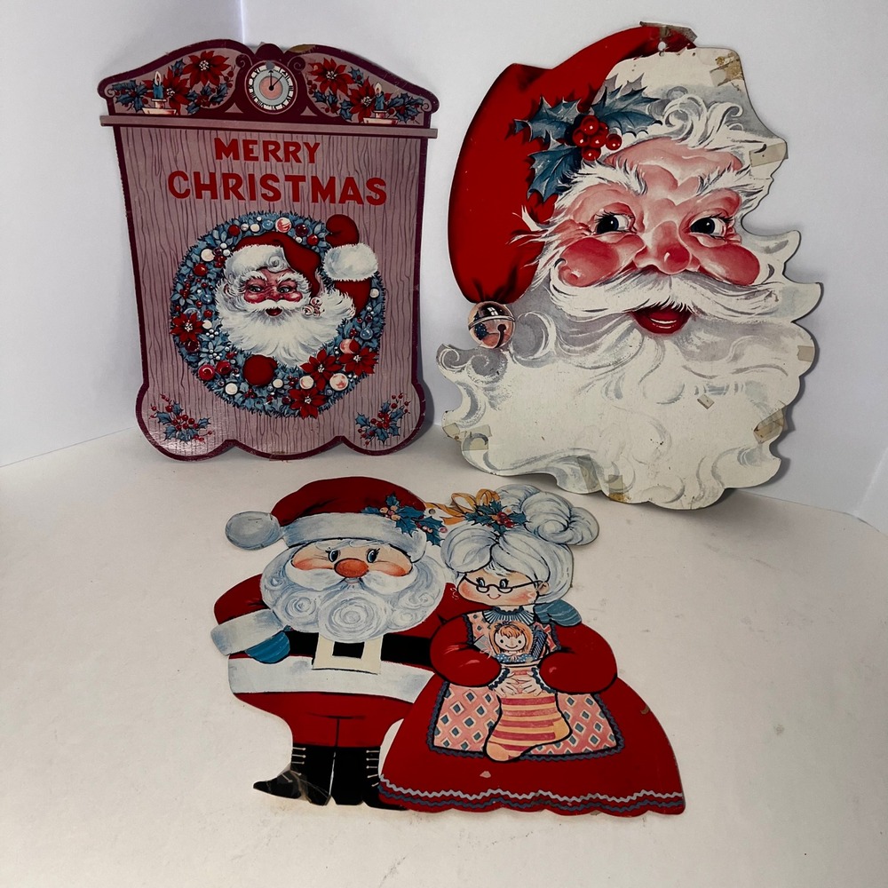 Vintage Christmas Die Cut Cardboard Decorations Santa Claus Mr Mrs Claus Lot 3